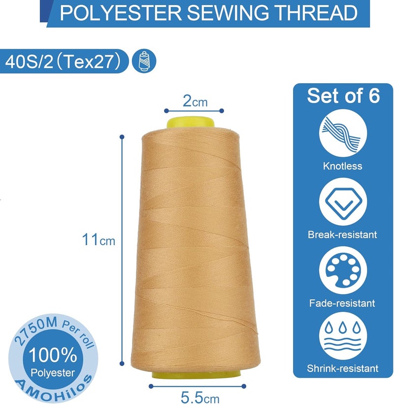 AMOHilos Polyester Sewing Thread All Purpose Knotless 40S/2 (Tex27) 6 Cones of 2750 Yards Each Spool Thread Total 16500 Yards for Serger Sewing Machine Quilting Piecing Hand Stitching (Lt Tan) - Image 3